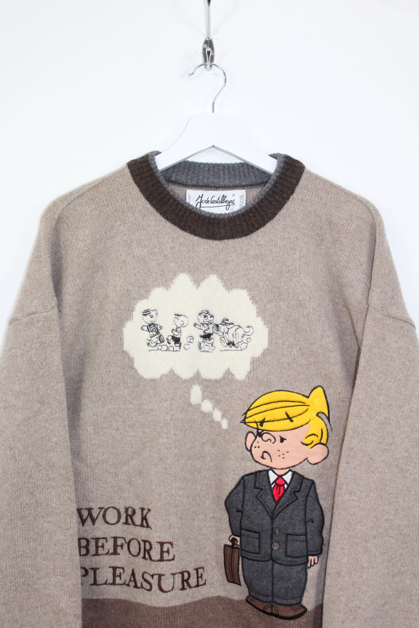 JC DE CASTELBAJAC 90'S VINTAGE CHARLIE BROWN "WORK BEFORE PLEASURE" WOOL JUMPER LARGE