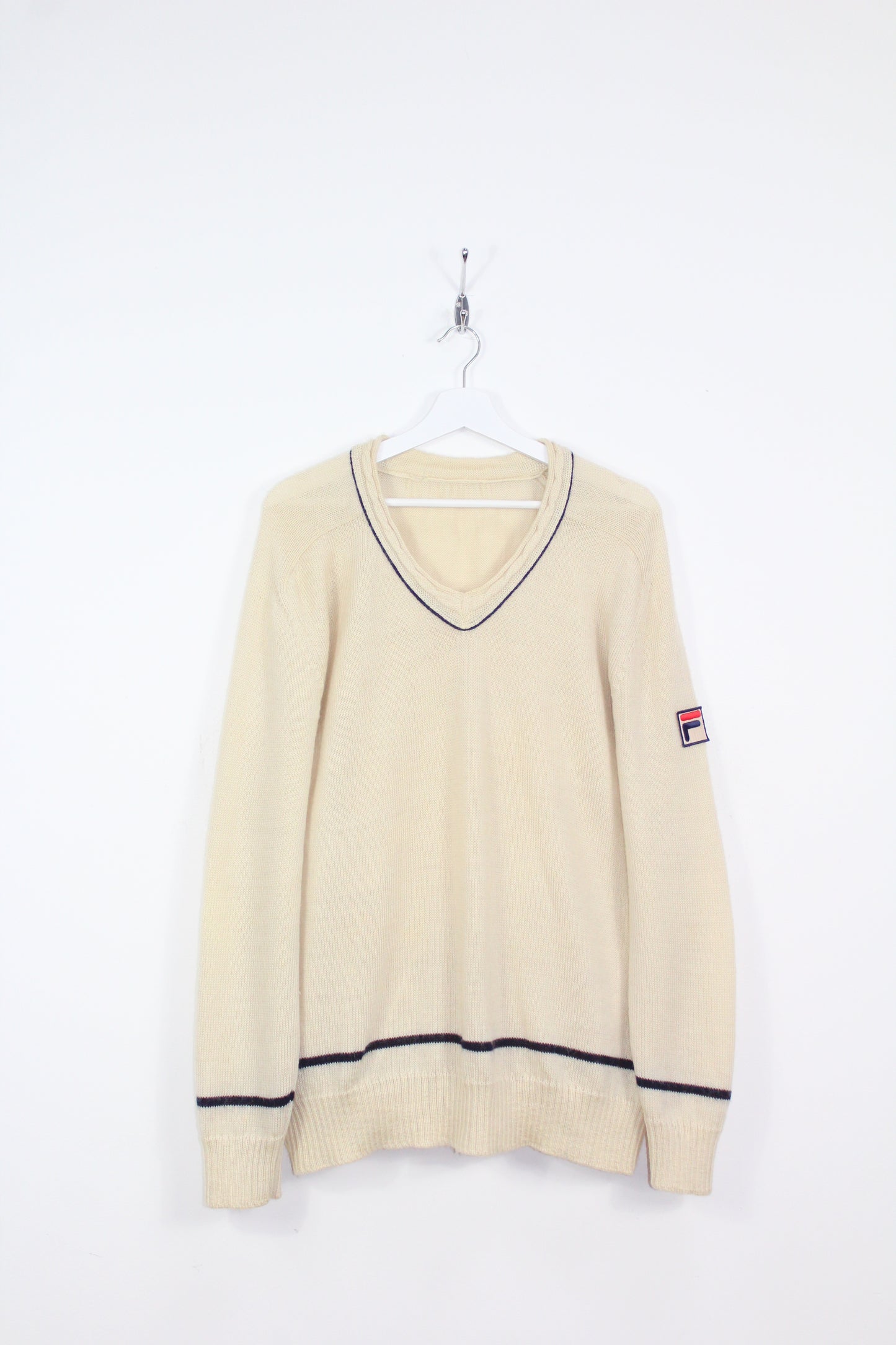 FILA OG 70'S VINTAGE WHITE LINE TENNIS WOOL JUMPER LARGE
