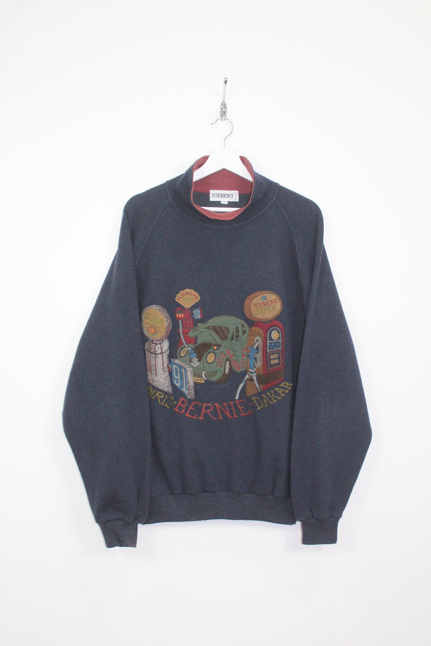 ICEBERG 90'S VINTAGE EMBROIDERED PARIS-DAKAR RALLY RACE SCENE WOOL JUMPER LARGE