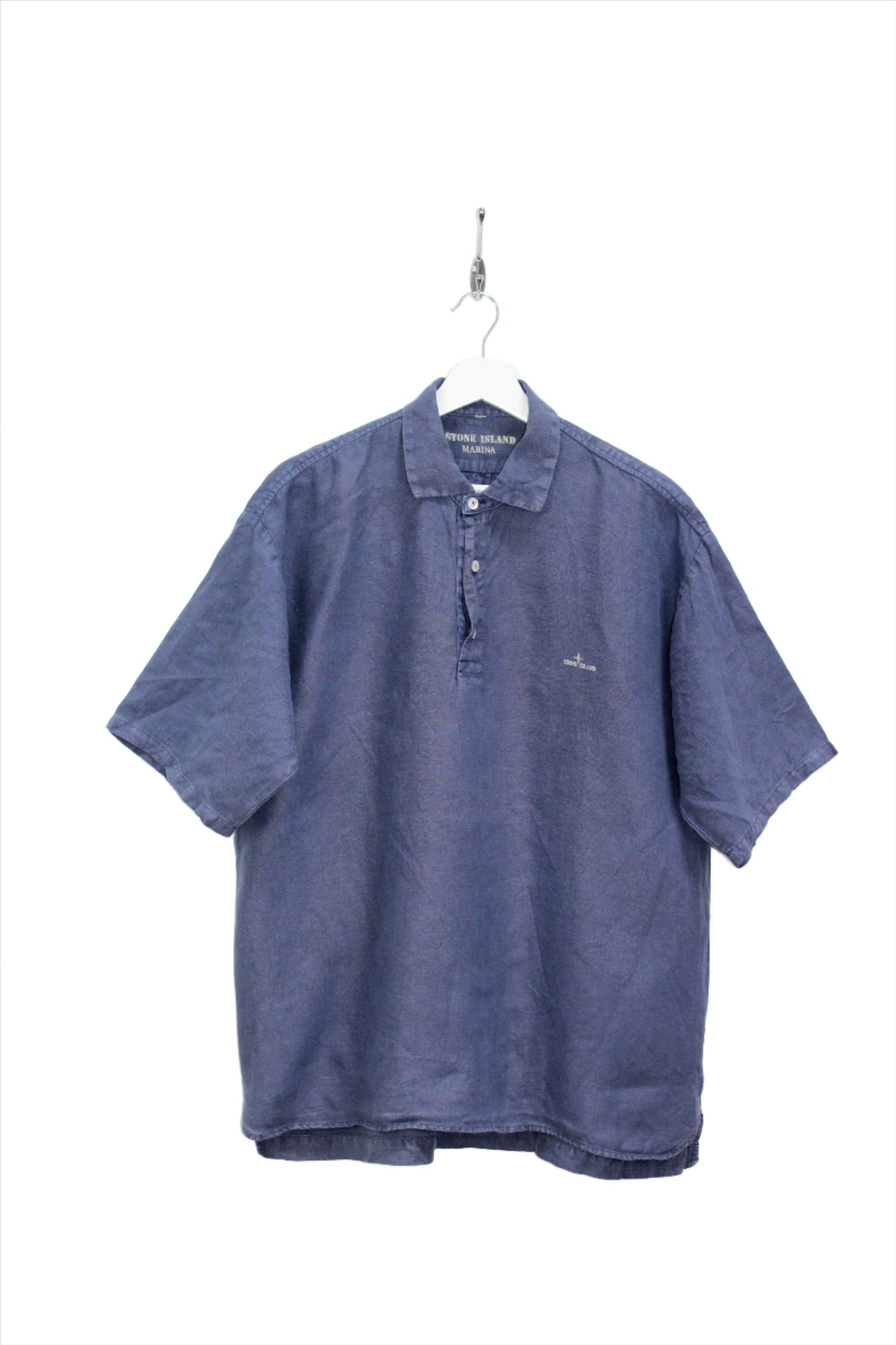 STONE ISLAND MARINA 90'S VINTAGE SPELL OUT SHORT SLEEVE BUTTON DOWN LINO FLAX SHIRT LARGE