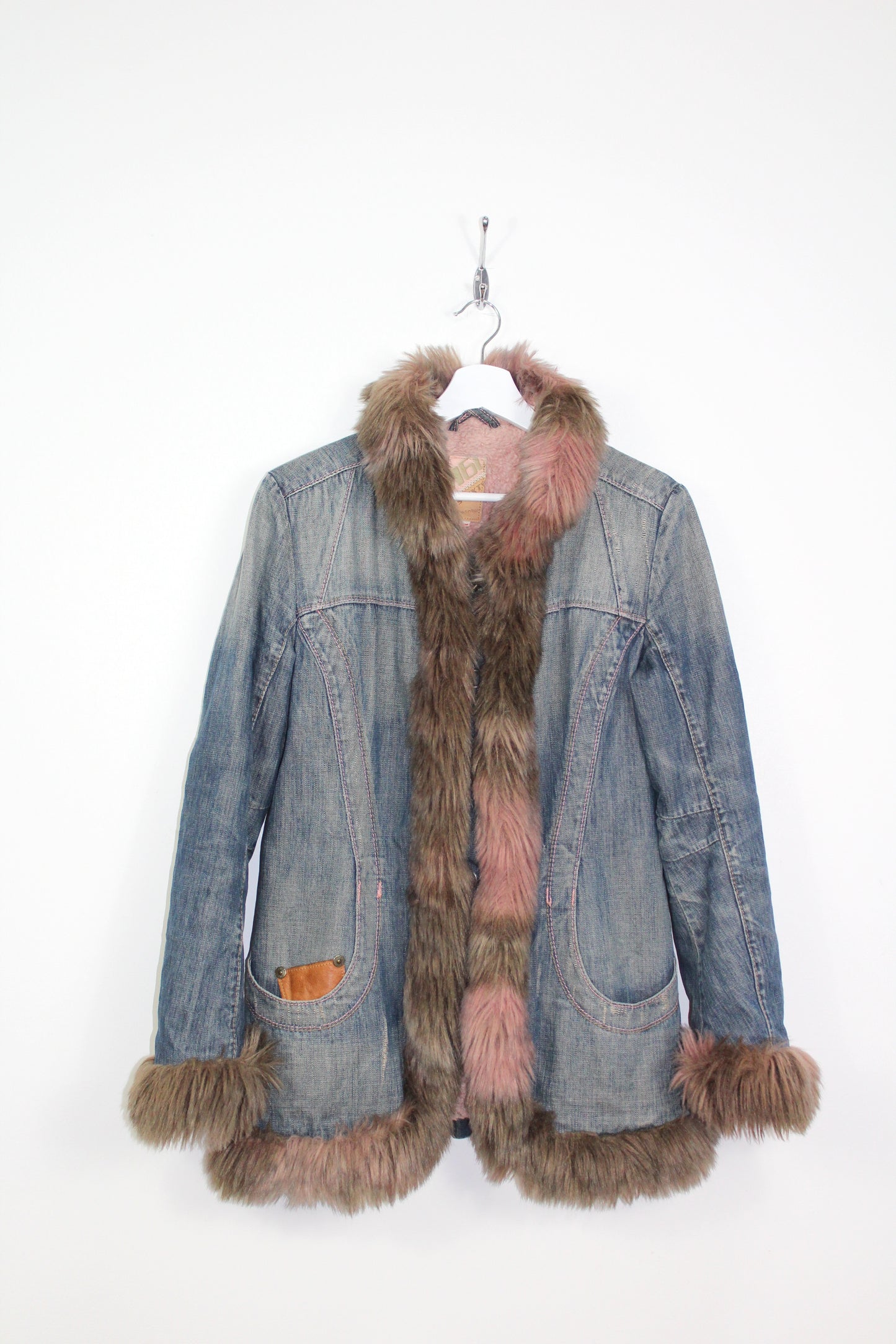 MISS SIXTY VINTAGE AFGHAN DENIM FAUX FUR TRIM COAT MEDIUM