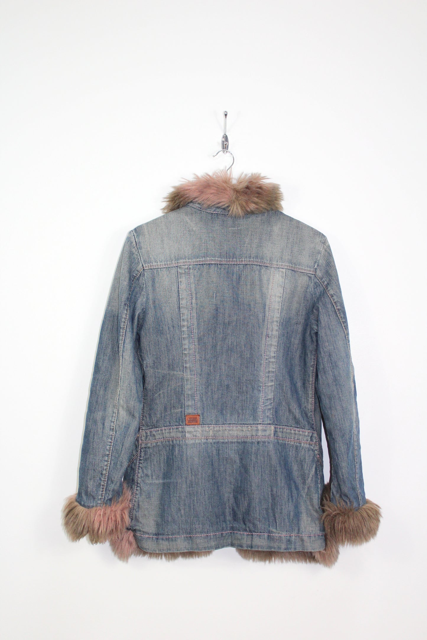MISS SIXTY VINTAGE AFGHAN DENIM FAUX FUR TRIM COAT MEDIUM