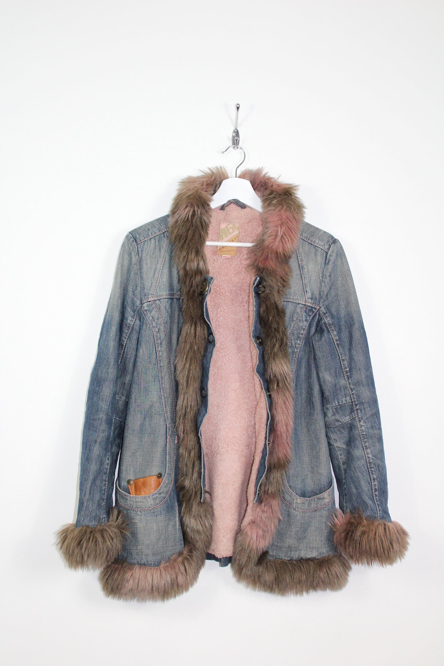 MISS SIXTY VINTAGE AFGHAN DENIM FAUX FUR TRIM COAT MEDIUM