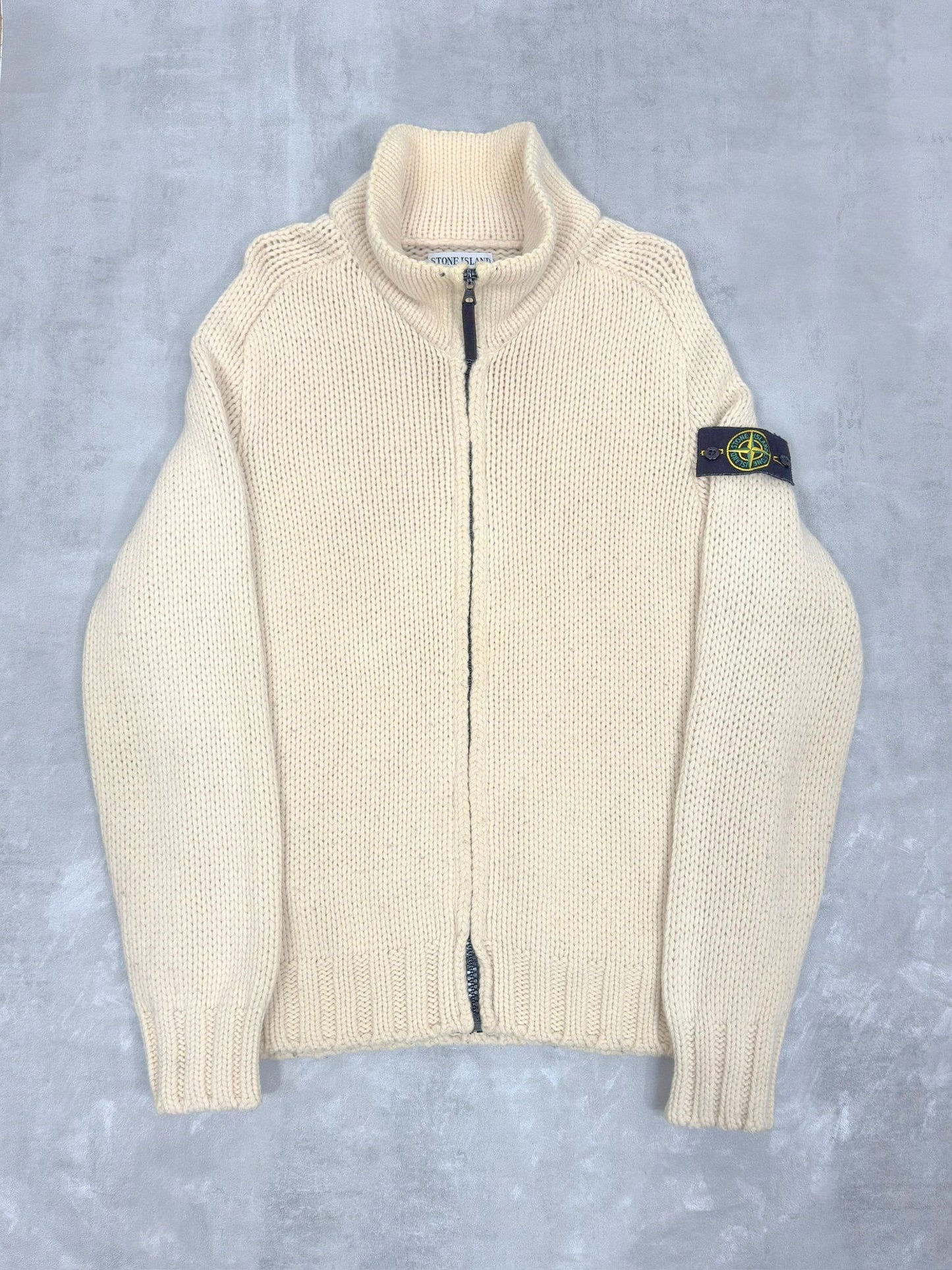 VINTAGE STONE ISLAND AW 1988 WOOL KNIT ZIP UP JUMPER MEDIUM