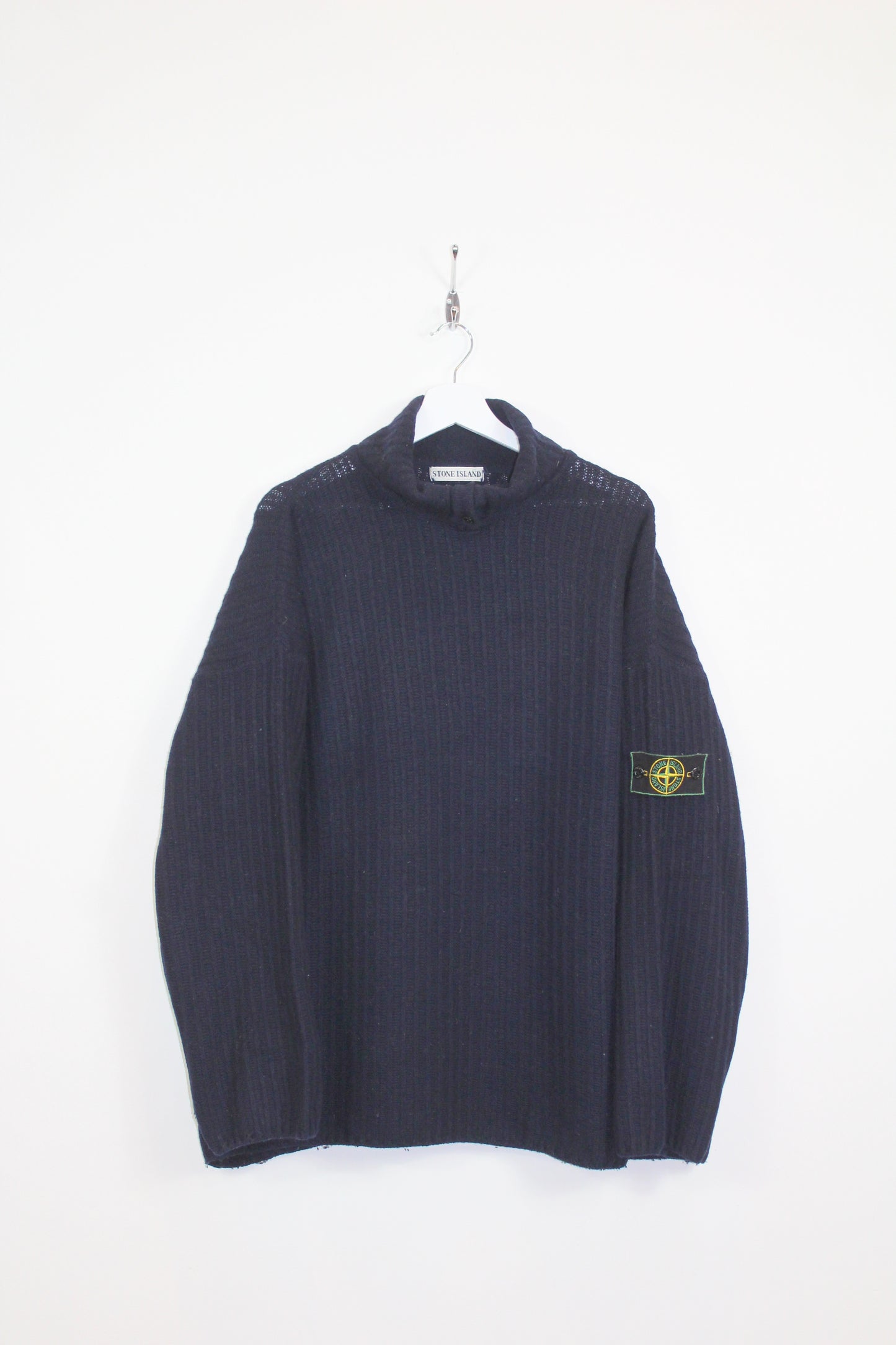 STONE ISLAND 90'S VINTAGE BUTTONED ROLL NECK KNIT WOOL JUMPER XL