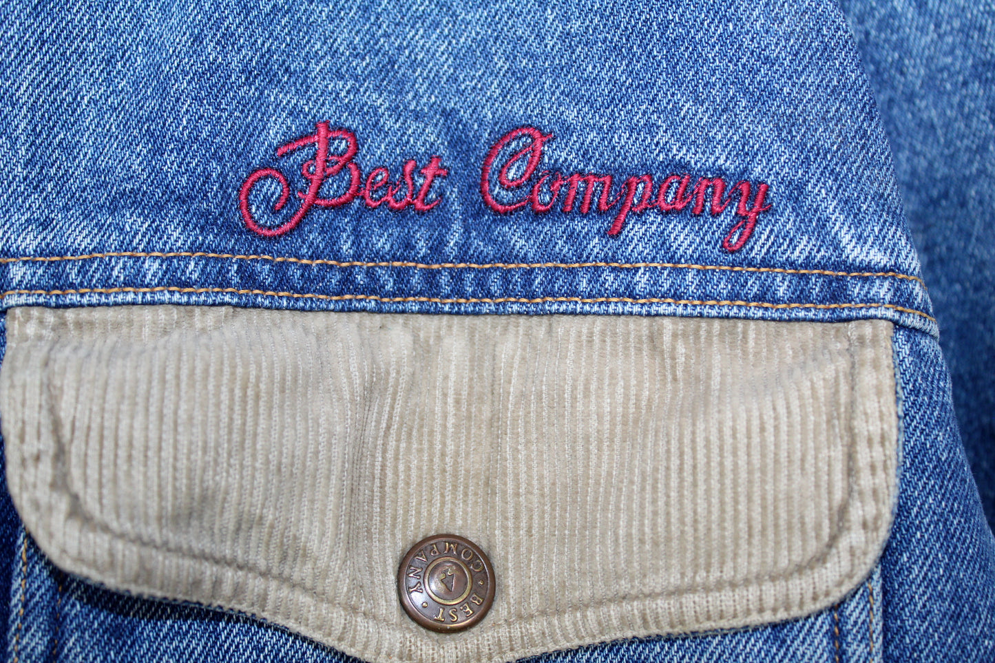 BEST COMPANY 80'S VINTAGE EMBROIDERED LOGO PADDED FLEECE LINED DENIM JACKET MEDIUM