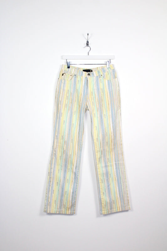 JUST CAVALLI VINTAGE LOGO ALL OVER MULTICOLORED STRIPED BOOT CUT JEANS W 31" x L 32"