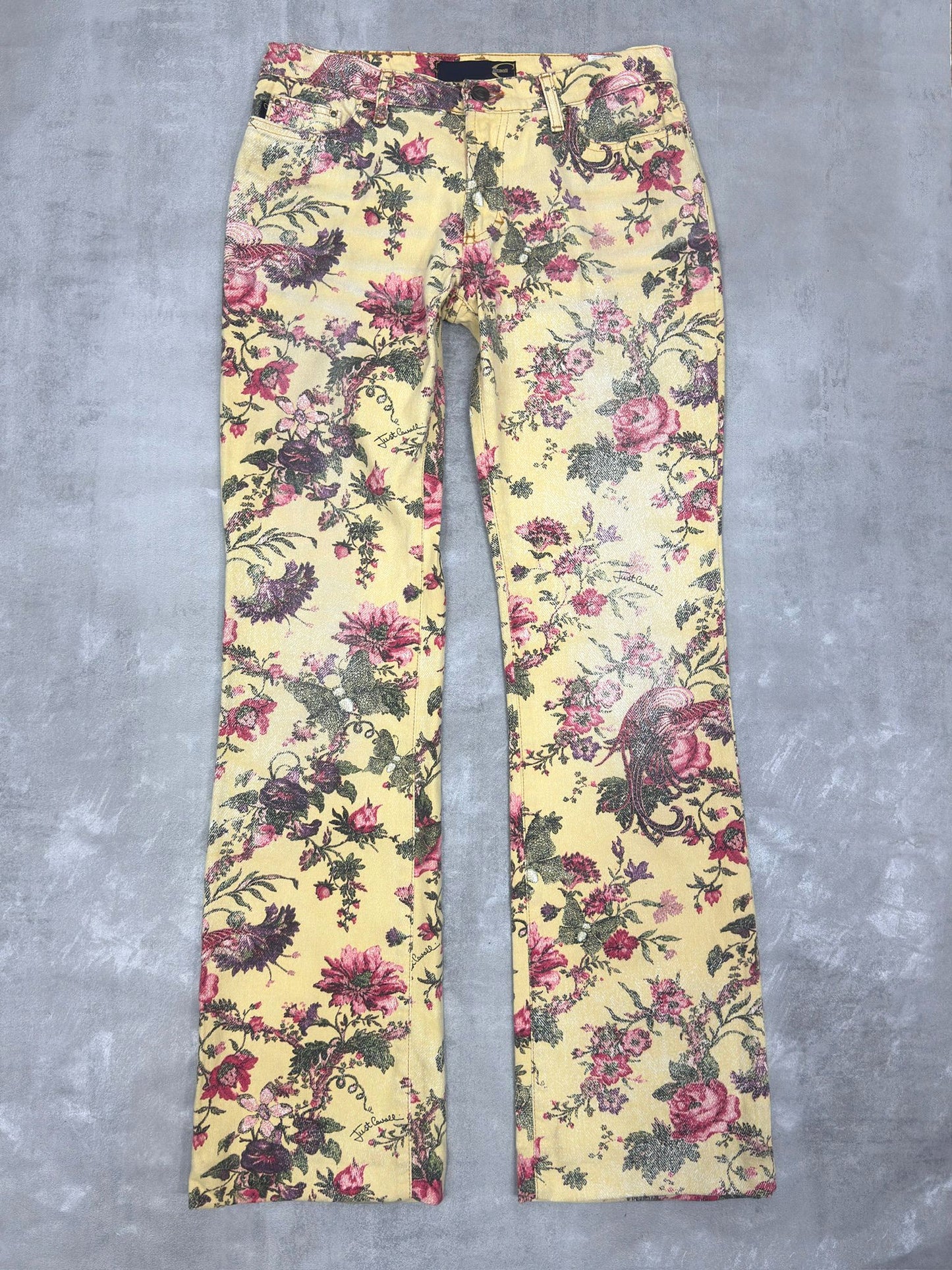 VINTAGE JUST CAVALLI FLORAL PRINT BOOT CUT JEANS W 28" x L 32"