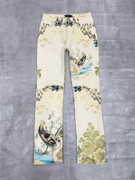 JUST CAVALLI VINTAGE FLORAL BIRD PRINT BOOT CUT JEANS W 30" x L 31"