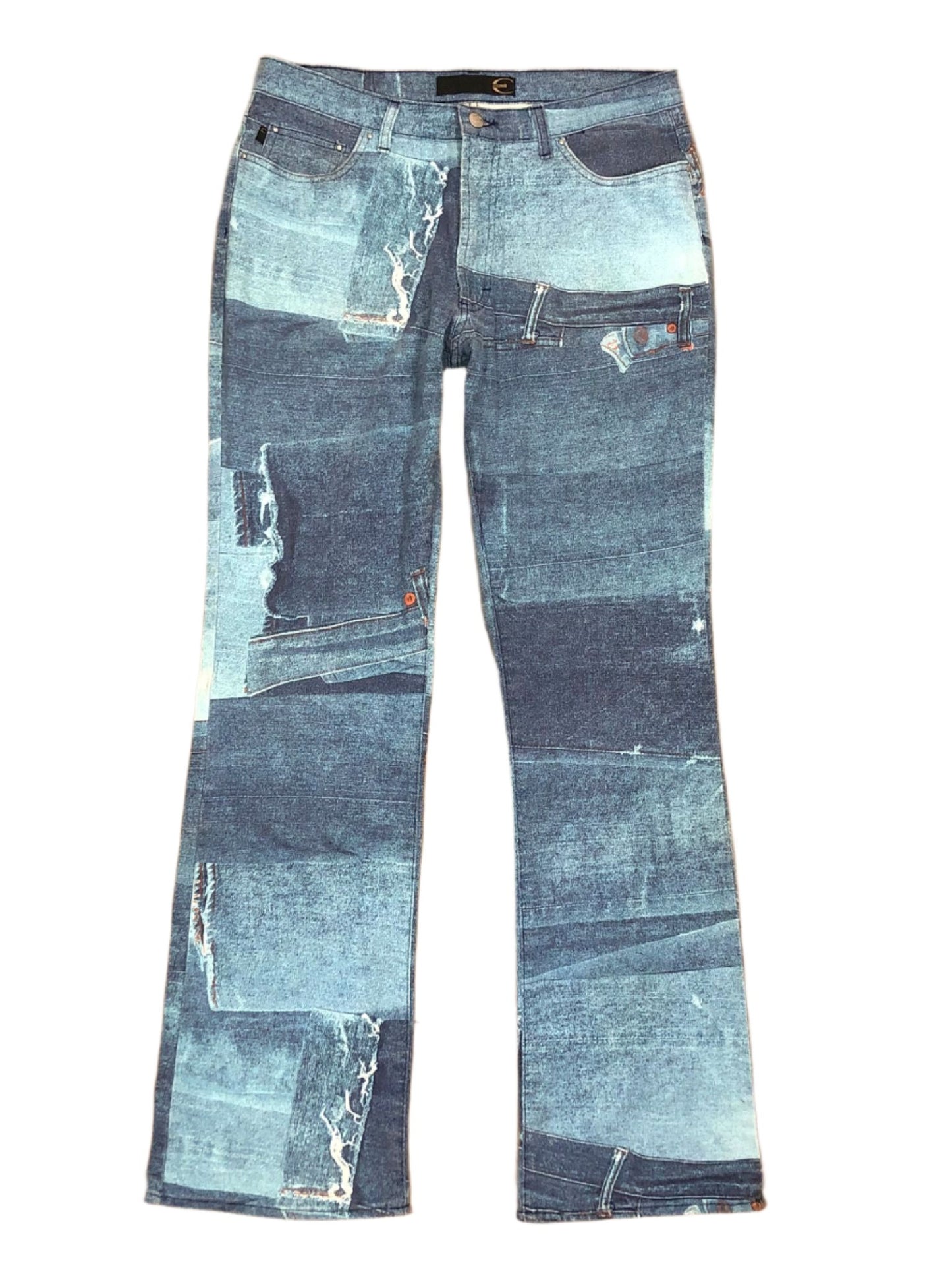 JUST CAVALLI VINTAGE PATCHWORK PATTERN BOOT CUT JEANS W 34" x L 34"