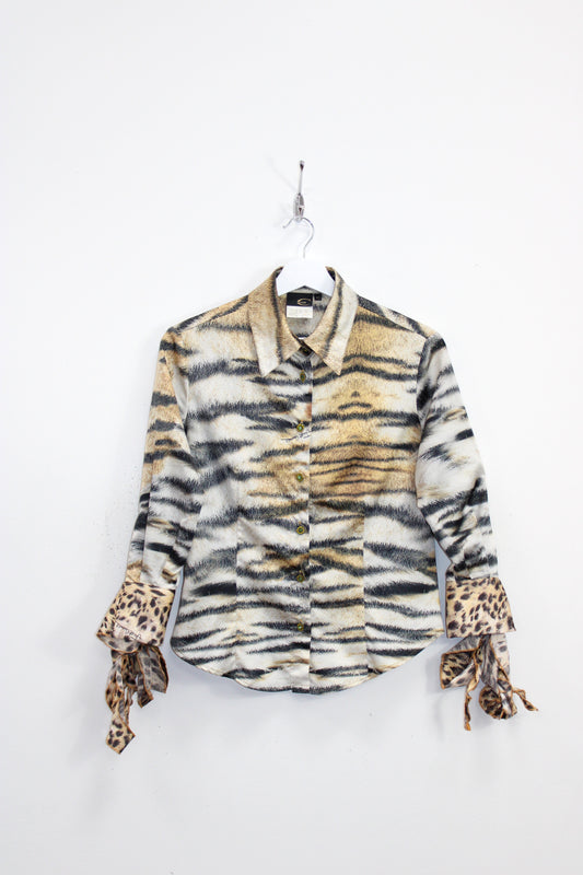 VINTAGE JUST CAVALLI ANIMAL PRINT TIE-UP SLEEVE SHIRT MEDIUM