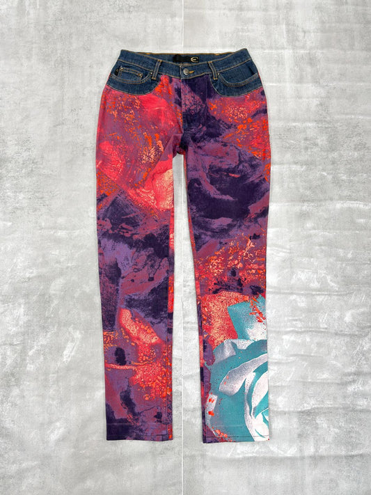 JUST CAVALLI VINTAGE MULTICOLORED ABSTRACT PRINT JEANS W 28"" x L 28"