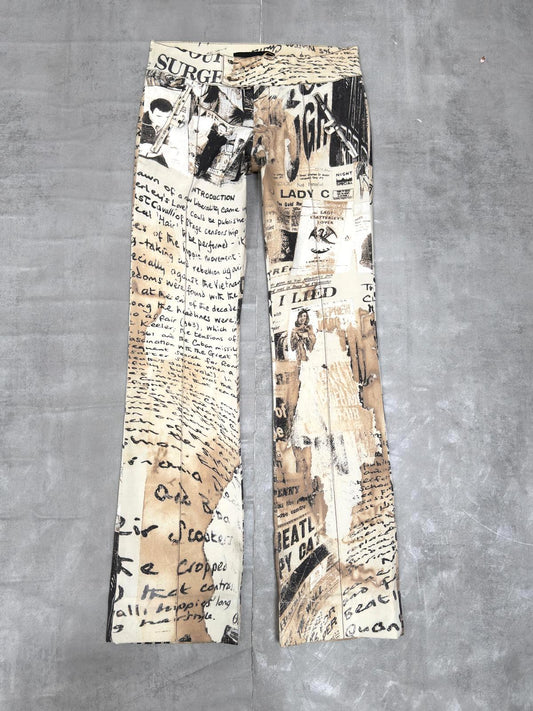 JUST CAVALLI VINTAGE SS 2004 MAGAZINE NEWSPAPERS PRINT BOOT CUT JEANS W 30" x L 32"