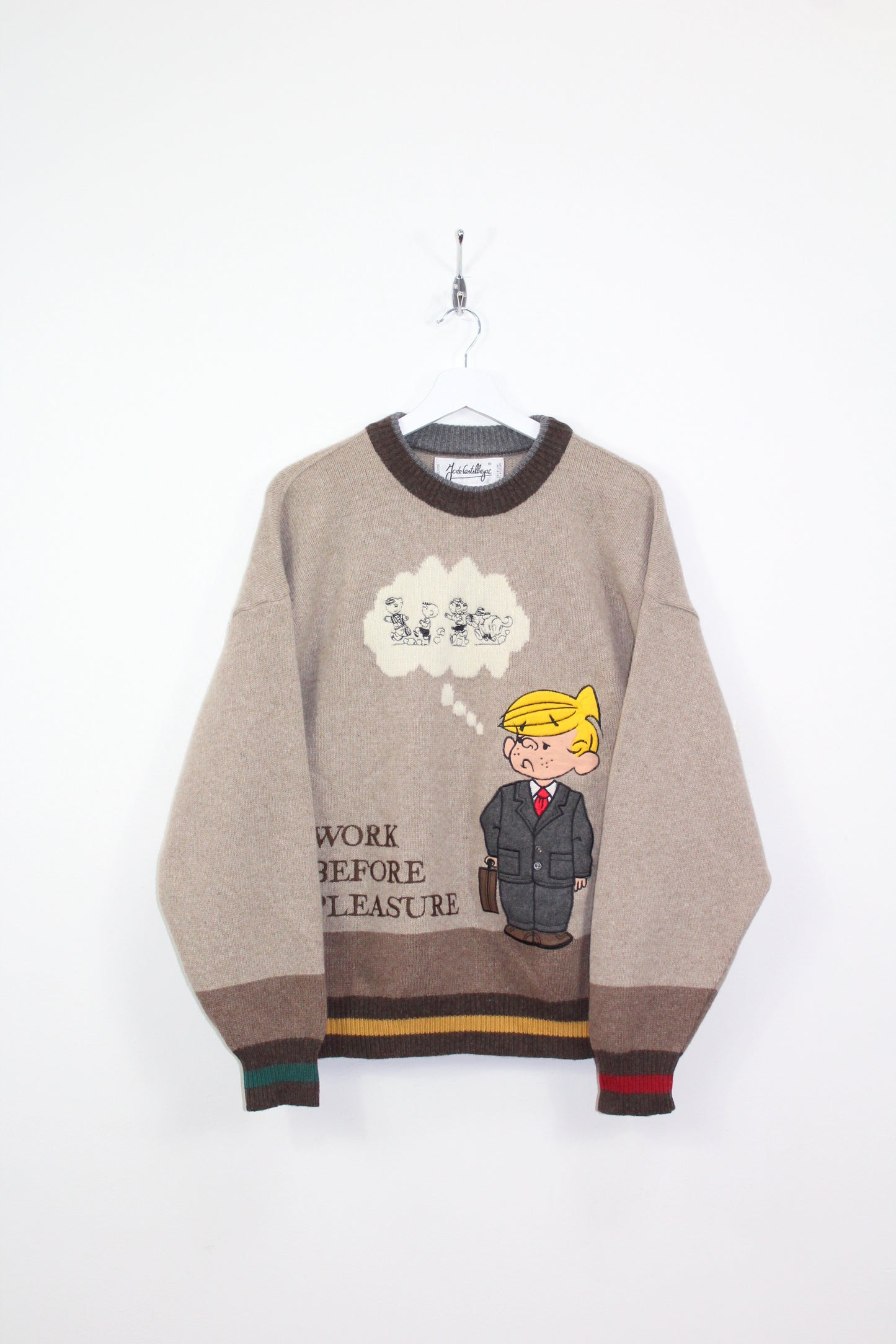 JC DE CASTELBAJAC 90'S VINTAGE CHARLIE BROWN "WORK BEFORE PLEASURE" WOOL JUMPER LARGE