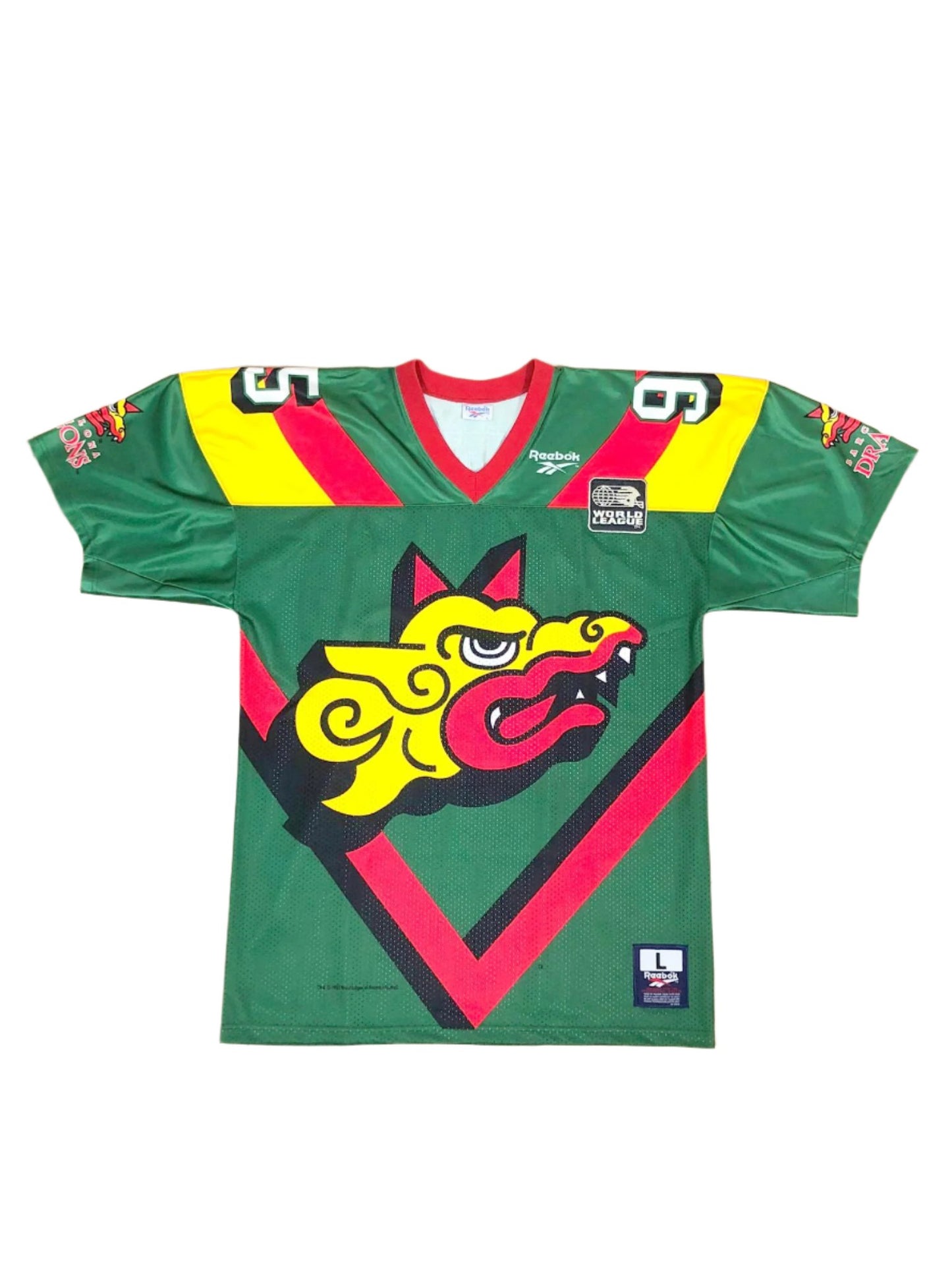 REEBOK VINTAGE BARCELONA DRAGONS WORLD LEAGUE 1995 AMERICAN FOOTBALL JERSEY LARGE