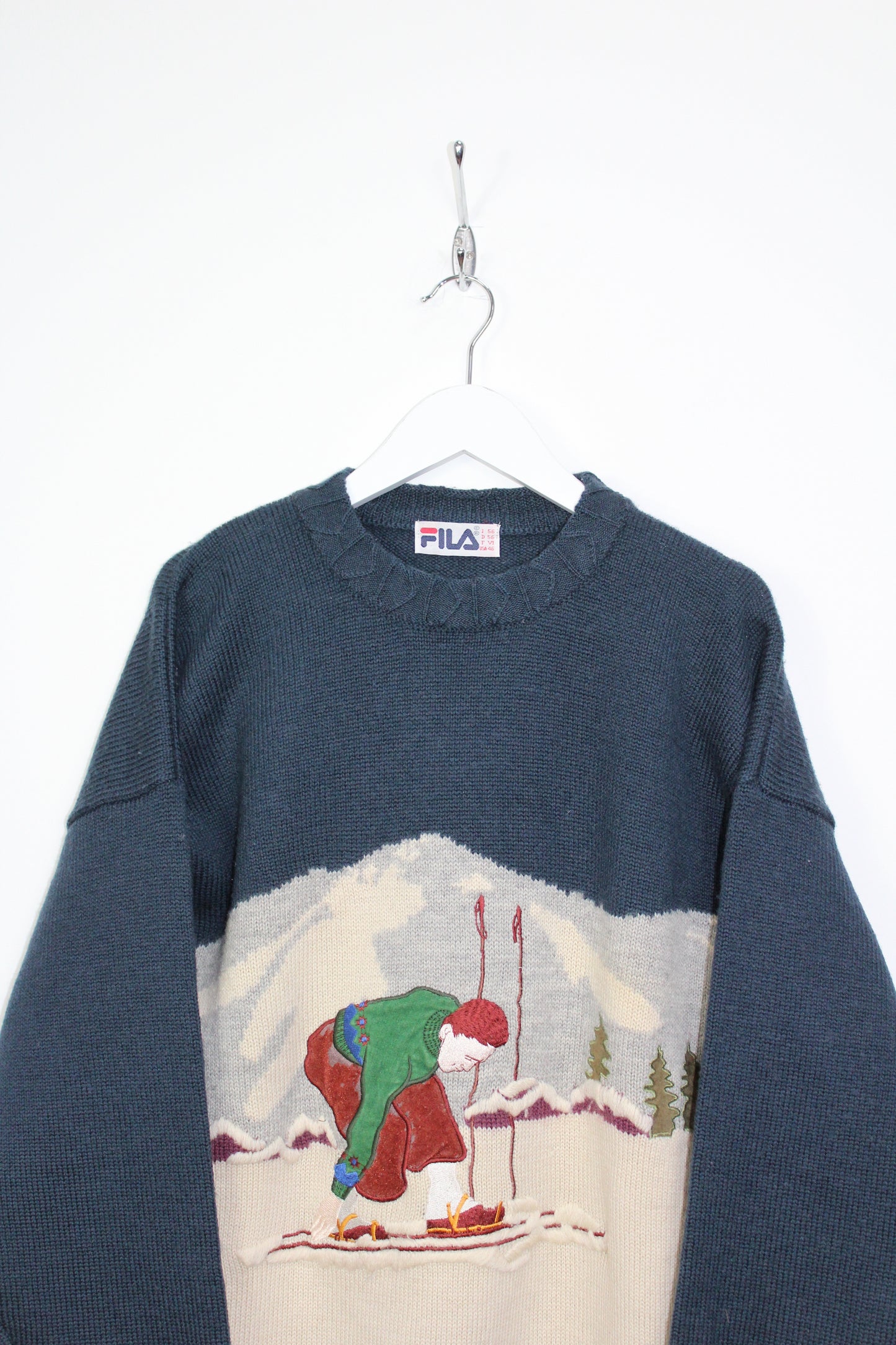 FILA 90'S VINTAGE EMBROIDERED SKI MOUNTAIN SCENE WOOL JUMPER XL