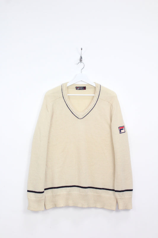 FILA OG 70'S VINTAGE WHITE LINE TENNIS WOOL JUMPER LARGE