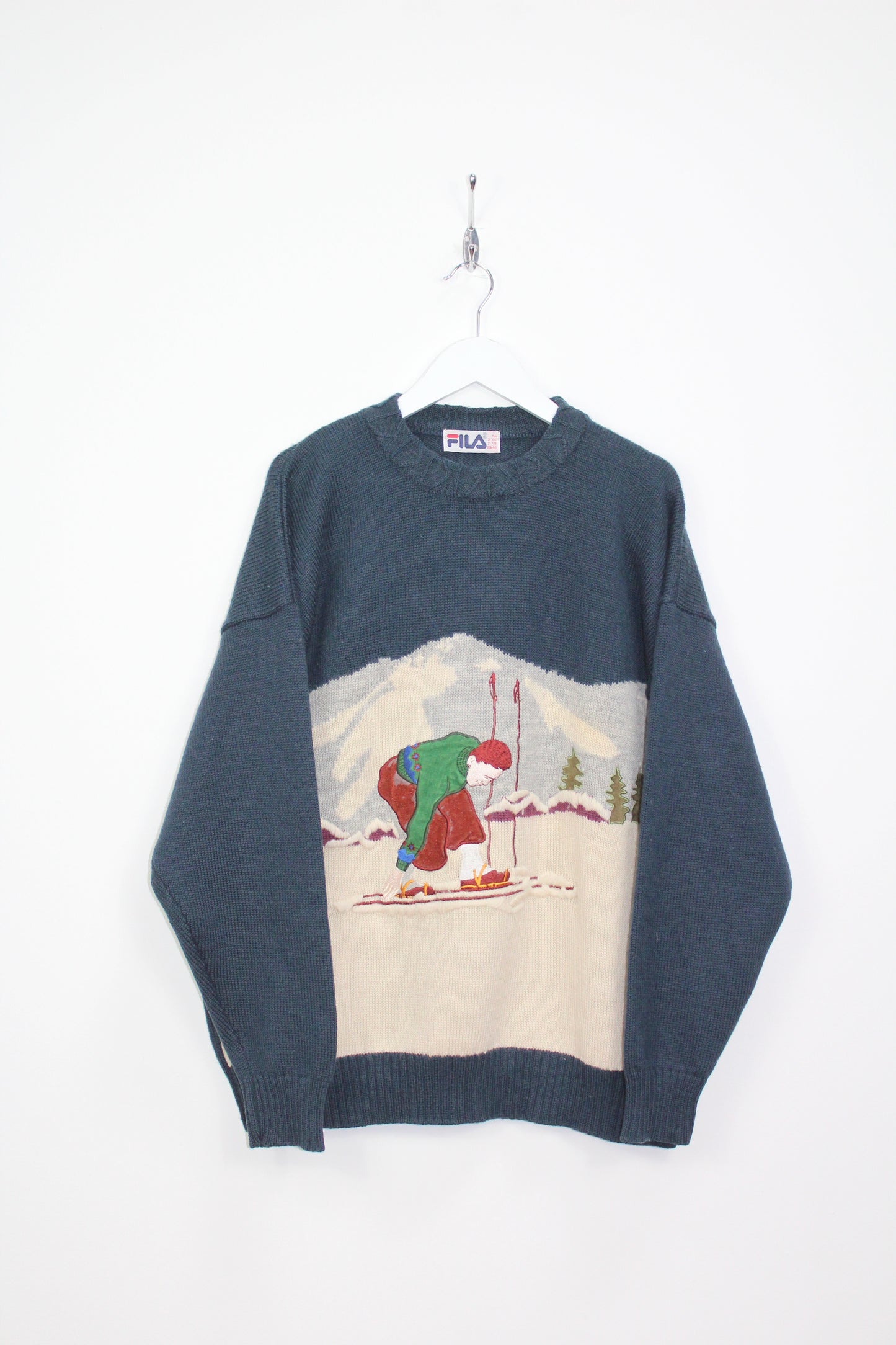 FILA 90'S VINTAGE EMBROIDERED SKI MOUNTAIN SCENE WOOL JUMPER XL