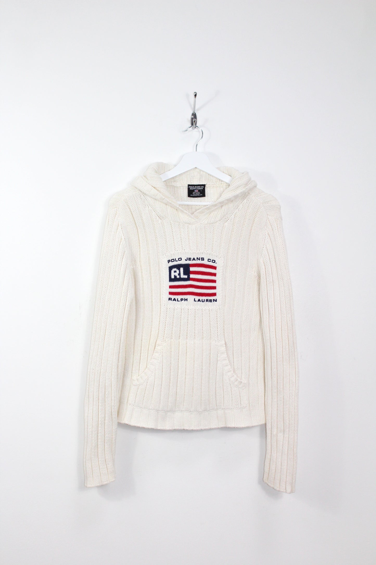 POLO RALPH LAUREN 90'S VINTAGE USA FLAG HOODIE KNIT JUMPER LARGE (WOMEN'S)