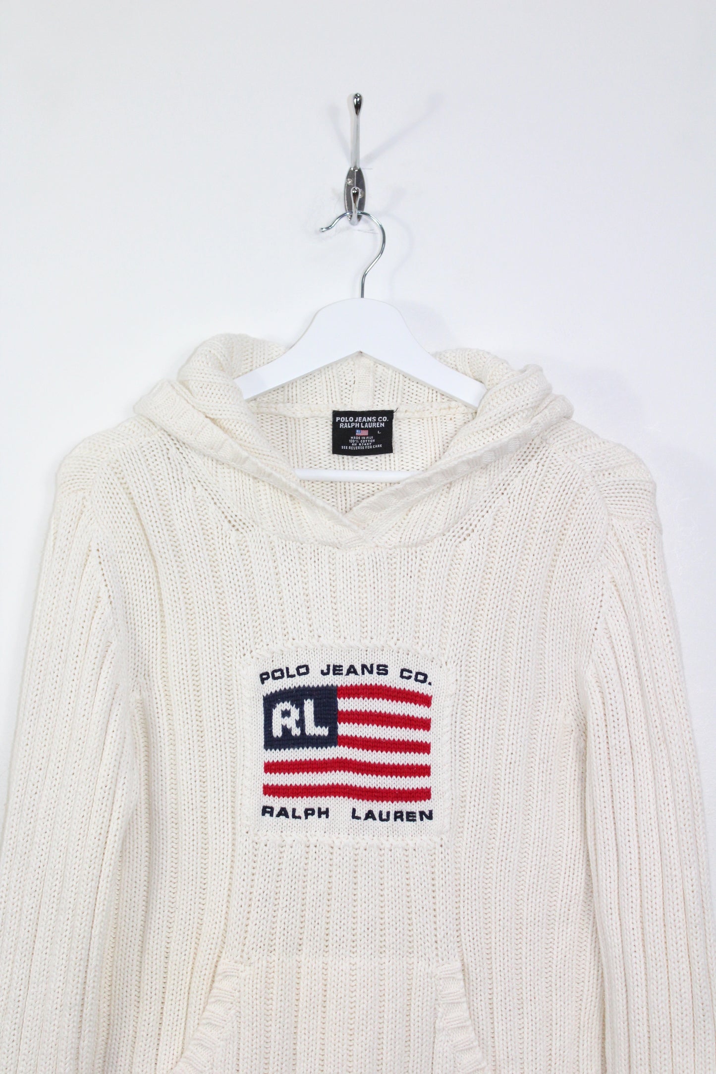 POLO RALPH LAUREN 90'S VINTAGE USA FLAG HOODIE KNIT JUMPER LARGE (WOMEN'S)