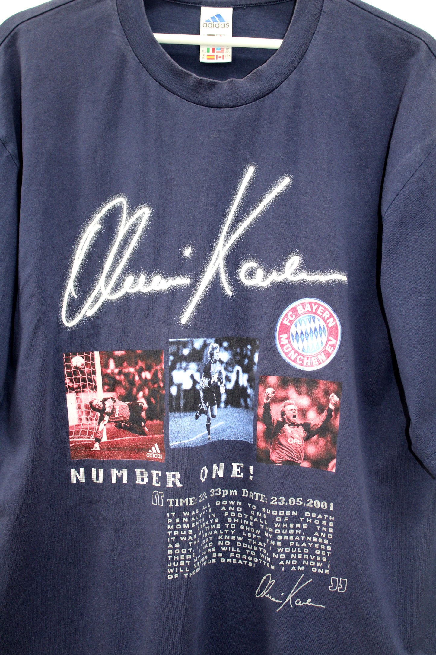 ADIDAS VINTAGE OLIVER KAHN BAYERN MUNICH 2001 CHAMPIONS LEAGUE FINAL T-SHIRT XXL