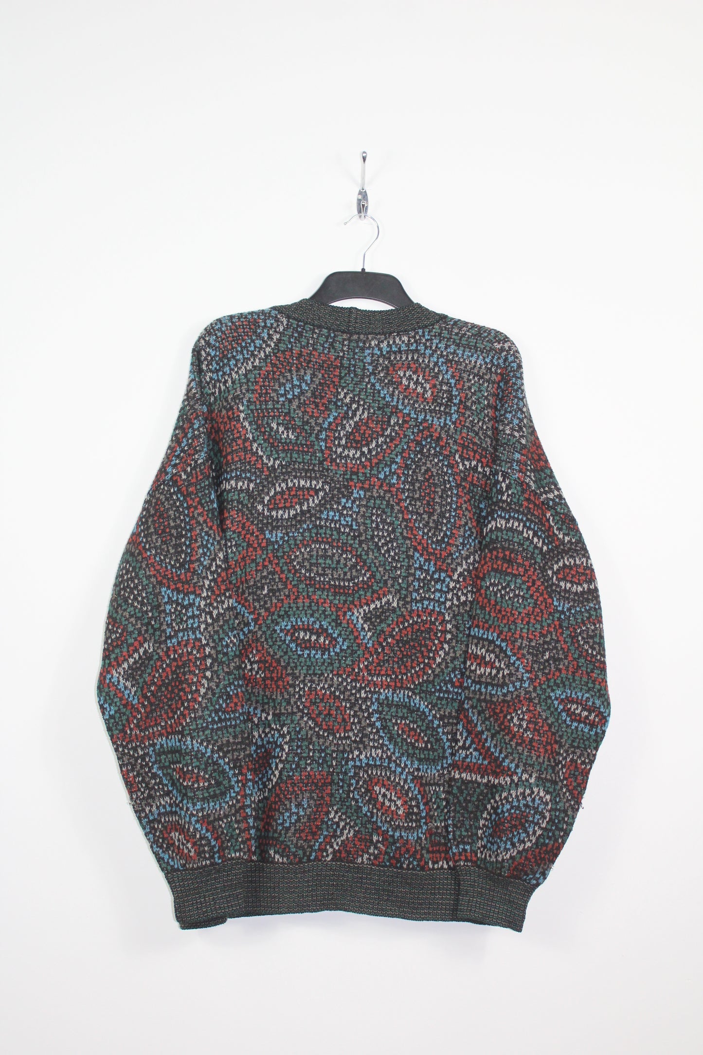 MISSONI 90'S VINTAGE ABSTRACT PATTERN KNIT WOOL CARDIGAN XL