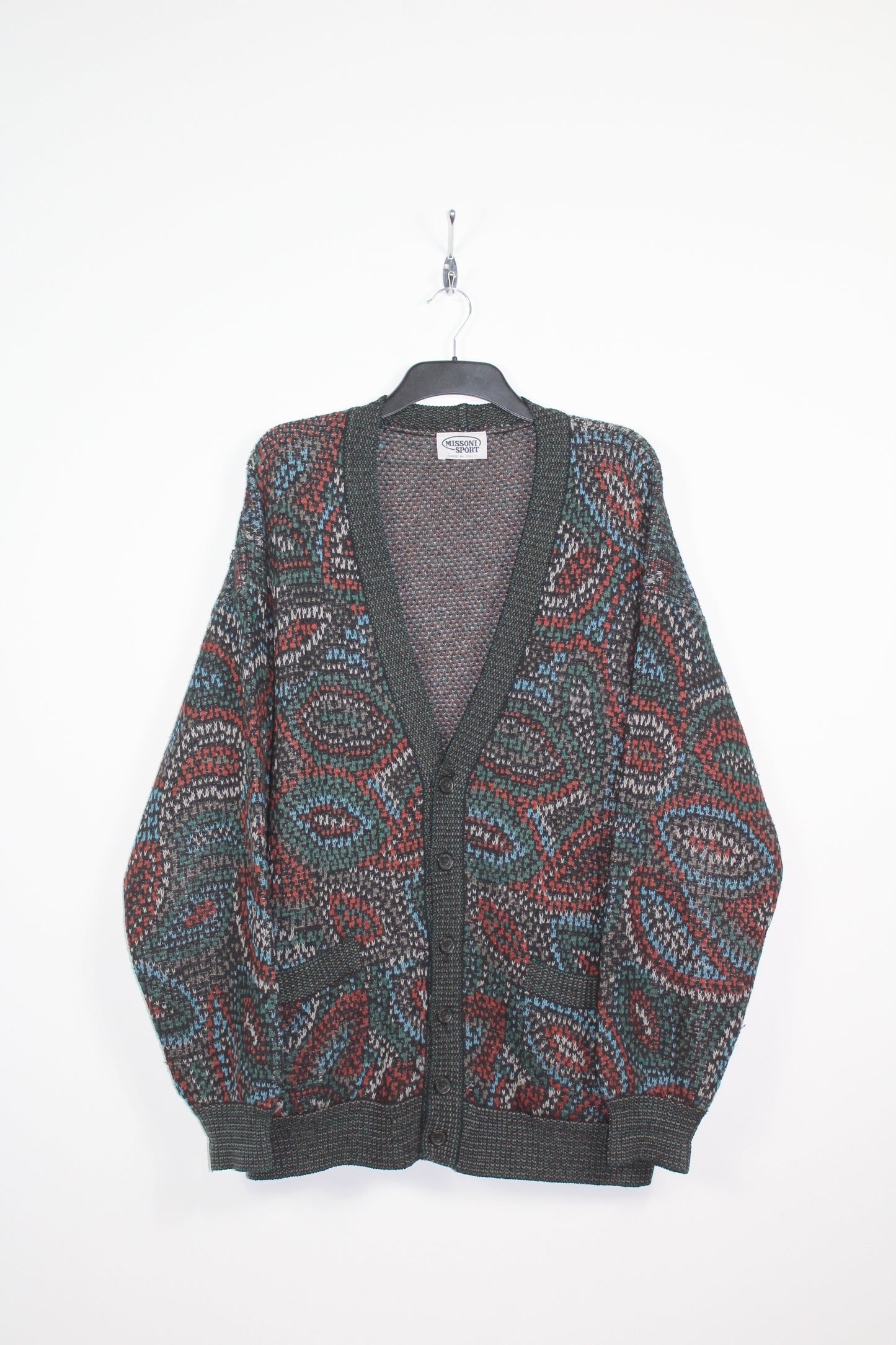 MISSONI 90'S VINTAGE ABSTRACT PATTERN KNIT WOOL CARDIGAN XL