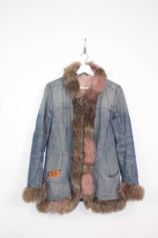 MISS SIXTY VINTAGE AFGHAN DENIM FAUX FUR TRIM  COAT MEDIUM