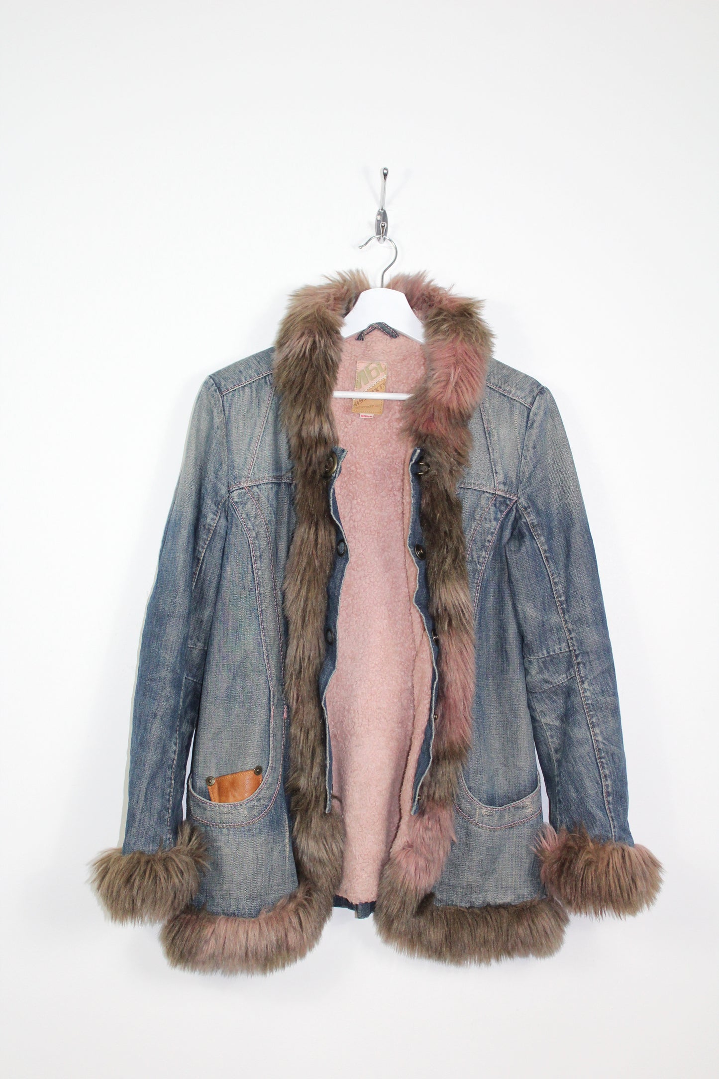 MISS SIXTY VINTAGE AFGHAN DENIM FAUX FUR TRIM  COAT MEDIUM