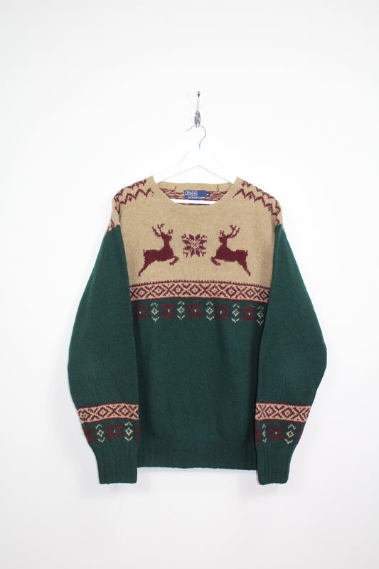 POLO RALPH LAUREN 90'S VINTAGE DEER FAIR ISLE HAND KNIT WOOL JUMPER MEDIUM