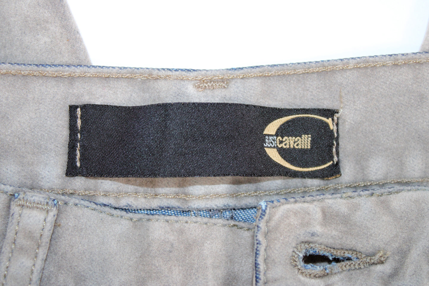 VINTAGE JUST CAVALLI TWO TONE OVERPRINT  BOOT CUT VELVET JEANS W 28" x L 27"